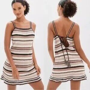 American Eagle Outfitters Brown Crochet Stripe Sleeveless Dress